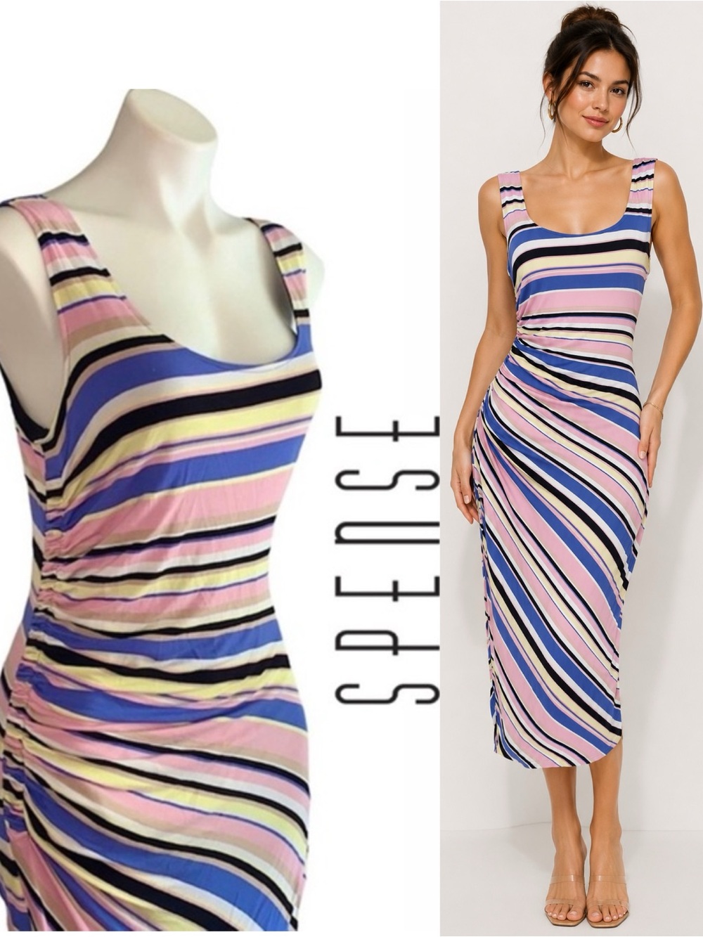 Spense Ruched Gathered Striped Bodycon Maxi Dress
